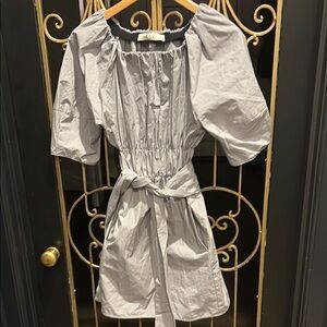 Designer Gray Puff Sleeve Dress with Belt size 40 tela xsmall pockets